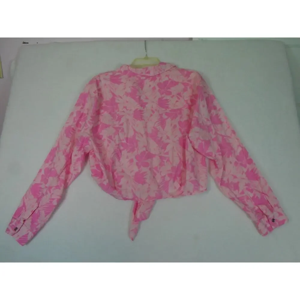 Michael Kors XL‎ Cropped Shirt Top Women Tie Dye Floral Print Pink Barbie